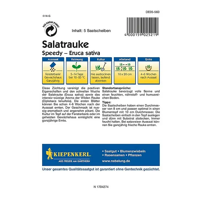 Kiepenkerl Profi-Line Gemüsesamen Saatscheibe Rucola Speedy - Eruca sativa, Erntezeit: Ganzjährig - Bild der Saatgutpackung Salatrauke Speedy - Eruca sativa von Kiepenkerl, ideal für den Anbau auf dem Fensterbrett oder im Gewächshaus.