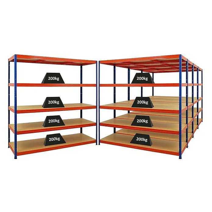 Proregal Schwerlastregal Mega Deal Giant Elephant - H x B x T: 180 x 180 x 60 cm, Traglast pro Boden: 200 kg, Anzahl Böden: 5 Stk., Stecken, Blau-Orange - Zwei Lagerregale mit je fünf Ebenen und einer Belastung von 200 kg, ideal für die Lagerung von schweren Gegenständen.