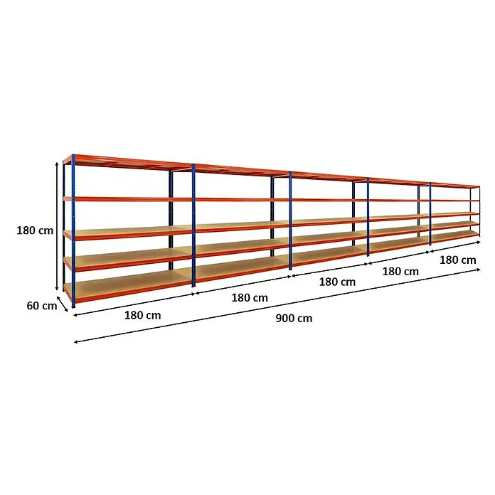 Proregal Schwerlastregal Mega Deal Giant Elephant - H x B x T: 180 x 180 x 60 cm, Traglast pro Boden: 200 kg, Anzahl Böden: 5 Stk., Stecken, Blau-Orange - Langes Lagerregal mit vier Ebenen, rot und blau, Abmessungen sind dargestellt.