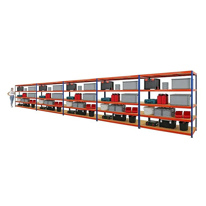 Proregal Schwerlastregal Mega Deal Giant Elephant - H x B x T: 180 x 180 x 60 cm, Traglast pro Boden: 200 kg, Anzahl Böden: 5 Stk., Stecken, Blau-Orange - Das Bild zeigt ein langes, orangefarbenes Lagerregal mit vier Ebenen und vielen verschiedenen Boxen und Behältern darauf.