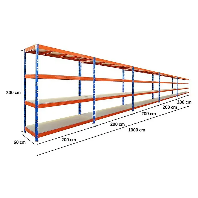 Proregal Schwerlastregal Mega Deal Profi RHINO - Traglast pro Boden: 500 kg, Anzahl Böden: 4 Stk., Stecken, Blau-Orange - Ansicht eines langen, orangefarbenen und blauen Lagerregals mit vier Ebenen und Maßangaben.