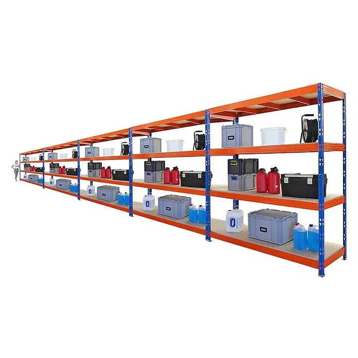 Proregal Schwerlastregal Mega Deal Profi RHINO - Traglast pro Boden: 500 kg, Anzahl Böden: 4 Stk., Stecken, Blau-Orange - Langes, dreistöckiges Schwerlastregal mit Lagerbehältern, ideal für Werkstatt und Lagerraum. Das Regal bietet viel Stauraum.