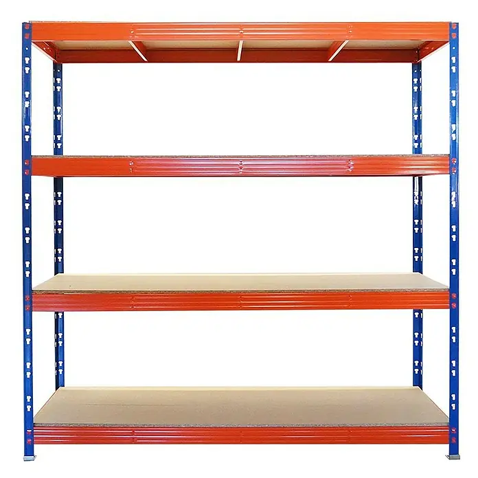 Proregal Schwerlastregal Mega Deal Profi RHINO - Traglast pro Boden: 500 kg, Anzahl Böden: 4 Stk., Stecken, Blau-Orange - Ein stabiles, blau-oranges Lagerregal mit vier Regalböden, ideal für die Lagerung verschiedener Gegenstände im Lager oder Keller.