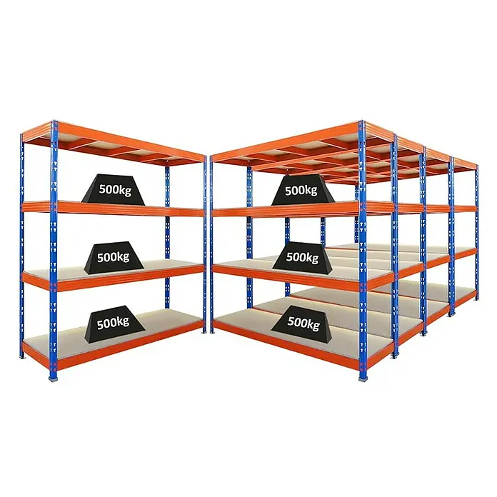 Proregal Schwerlastregal Mega Deal Profi RHINO - Traglast pro Boden: 500 kg, Anzahl Böden: 4 Stk., Stecken, Blau-Orange - Regal mit vier Ebenen zur Lagerung von schweren Gütern bis zu 500kg, ideal für Lager und Werkstatt.\n