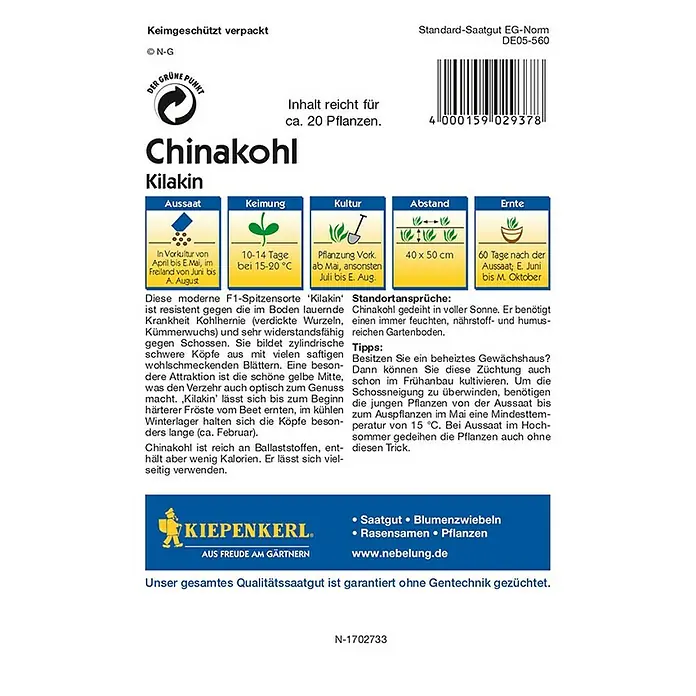 Kiepenkerl Profi-Line Gemüsesamen Chinakohl - Brassica rapa var. pekinensis, Erntezeit: Juni - Chinakohl 'Kilakin' Saatgutpackung. Das Saatgut reicht für ca. 20 Pflanzen und garantiert eine gentechnikfreie Züchtung.