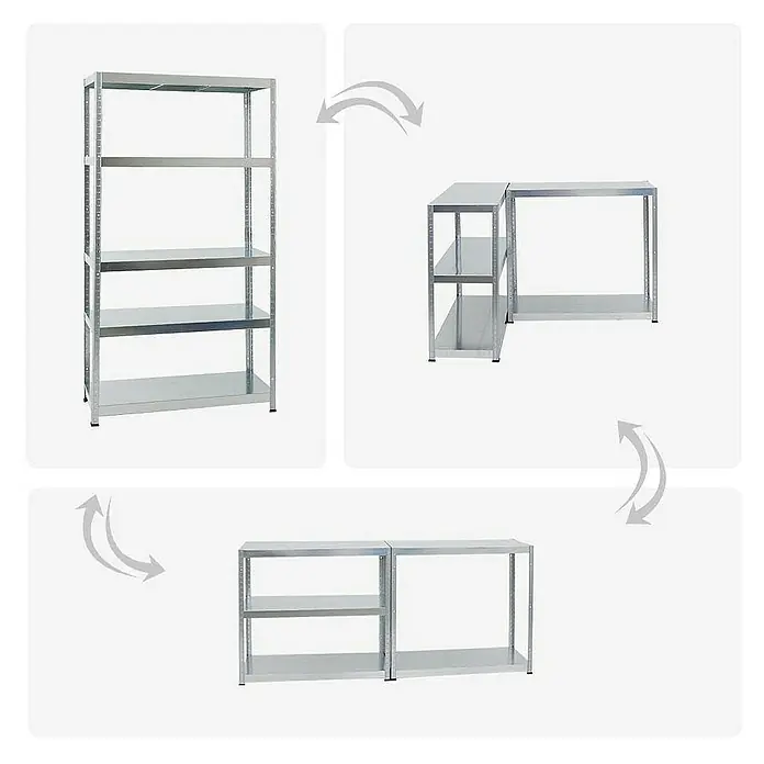 Proregal Metallregal Mega Deal Steel Eagle - Traglast pro Boden: 130 kg, Anzahl Böden: 5 Stk., Stecken, Verzinkt - Illustration eines modularen Metallregalsystems, das verschiedene Konfigurationen von hoch zu niedrig zeigt.