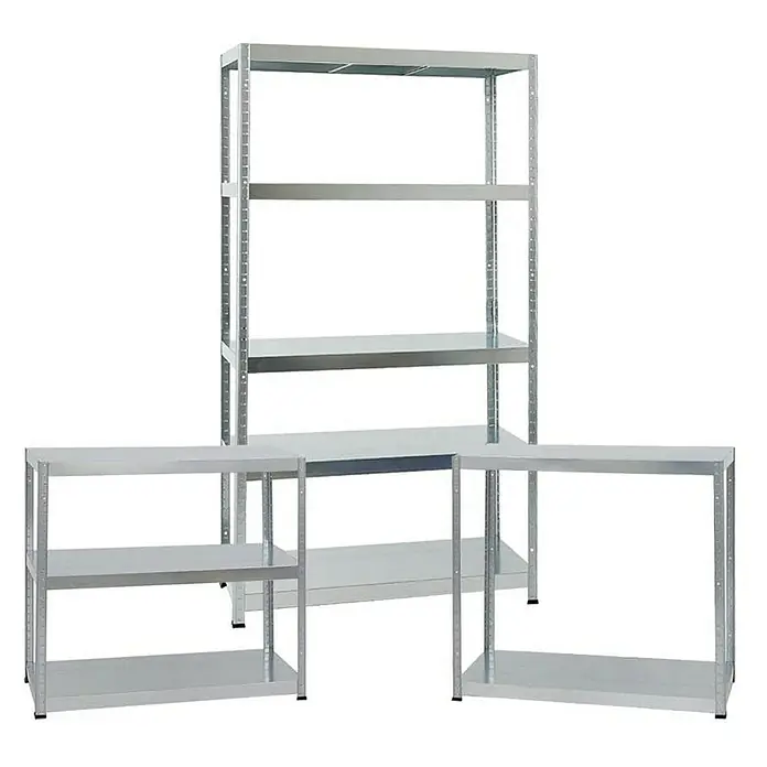 Proregal Metallregal Mega Deal Steel Eagle - Traglast pro Boden: 130 kg, Anzahl Böden: 5 Stk., Stecken, Verzinkt - Ein Bild von drei silbernen Metallregalen verschiedener Größen, die für Lagerzwecke geeignet sind und eine robuste Konstruktion aufweisen.