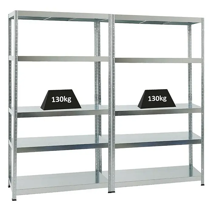 Proregal Metallregal Mega Deal Steel Eagle - Traglast pro Boden: 130 kg, Anzahl Böden: 5 Stk., Stecken, Verzinkt - Abbildung von zwei grauen Metallregalen mit vier Regalböden, von denen jeder mit einem schwarzen Gewicht von 130 kg belastet ist.