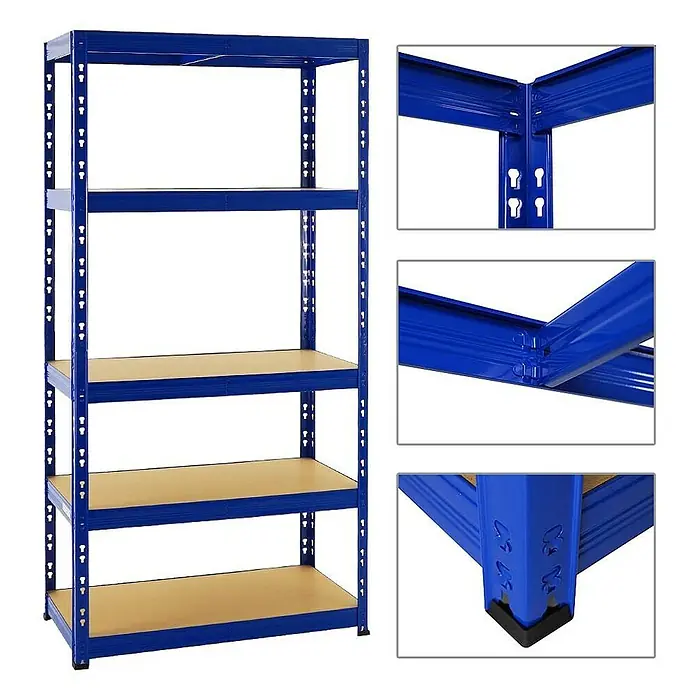 Proregal Schwerlastregal Mega Deal Tiger - H x B x T: 180 x 90 x 45 cm, Traglast pro Boden: 265 kg, Anzahl Böden: 5 Stk., Stecken, Blau - Ein blaues Schwerlastregal mit fünf Regalböden aus Holz, ideal für Lagerung und Organisation in Werkstatt oder Lager.