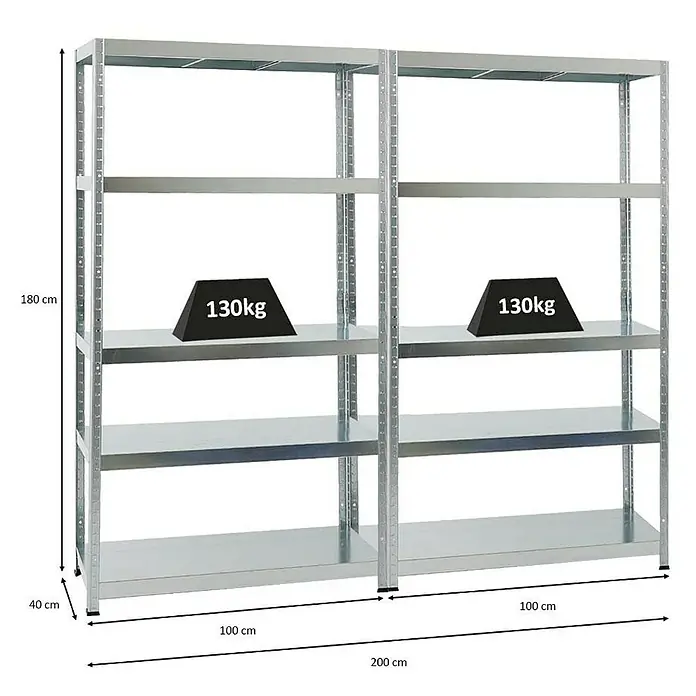 Proregal Metallregal Mega Deal Steel Eagle - Traglast pro Boden: 130 kg, Anzahl Böden: 5 Stk., Stecken, Verzinkt - Zwei silberne Regale mit jeweils vier Regalböden und einer Gewichtsangabe von 130 kg auf der mittleren Ebene.