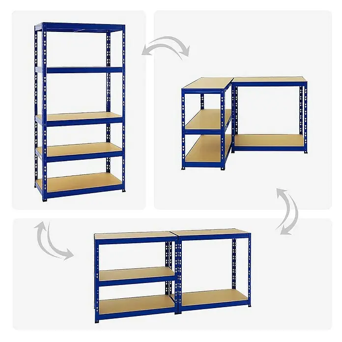 Proregal Schwerlastregal Mega Deal Tiger - H x B x T: 180 x 90 x 45 cm, Traglast pro Boden: 265 kg, Anzahl Böden: 5 Stk., Stecken, Blau - Bild eines blauen Metallregals, das in verschiedene Konfigurationen umgewandelt werden kann.