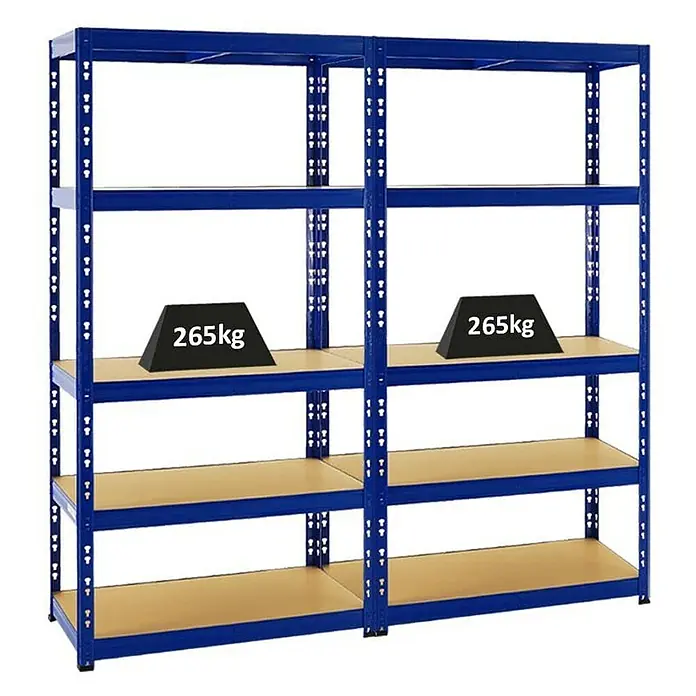 Proregal Schwerlastregal Mega Deal Tiger - H x B x T: 180 x 90 x 45 cm, Traglast pro Boden: 265 kg, Anzahl Böden: 5 Stk., Stecken, Blau - Abbildung eines blauen Schwerlastregals mit vier Ebenen, wobei die mittlere Ebene mit Gewichten von 265 kg belastet ist.
