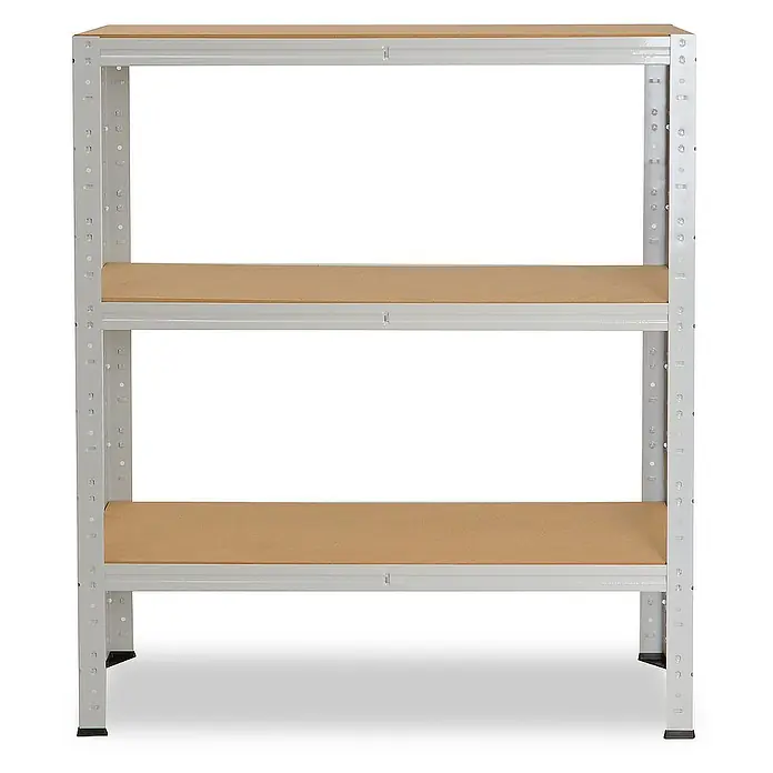 shelfplaza Schwerlastregal OFFICE - H x B x T: 100 x 90 x 30 cm, Traglast pro Boden: 175 kg, Stecken, lichtgrau - Abgebildetes Produkt: Ein dreistufiges Lagerregal mit stabilen Metallrahmen und hellen Holzregalböden für vielseitige Aufbewahrungslösungen.