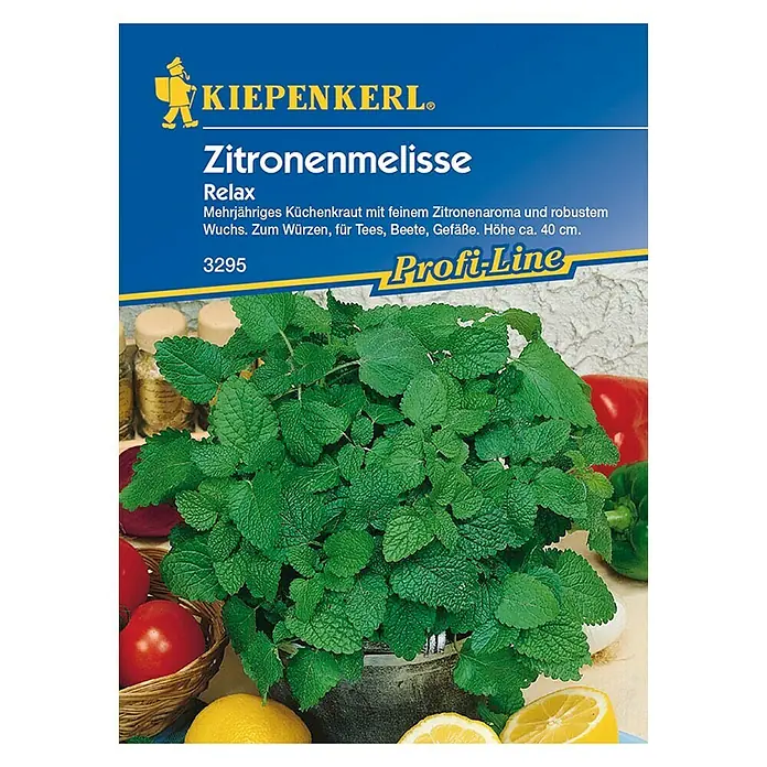 Kiepenkerl Profi-Line Kräutersamen Zitronenmelisse Relax - Melissa officinalis, Erntezeit: Juli - Bild einer Zitronenmelisse 'Relax' Samenpackung von Kiepenkerl, ein mehrjähriges Küchenkraut mit Zitronenaroma, ideal zum Würzen und für Tees.