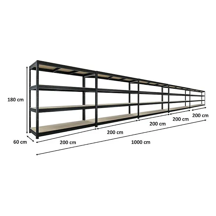 Proregal Schwerlastregal Mega Deal DINO - H x B x T: 180 x 200 x 60 cm, Traglast pro Boden: 500 kg, Anzahl Böden: 4 Stk., Stecken, Schwarz - Langes, mehrteiliges Regal mit vier Ebenen und schwarzem Rahmen. Die Regale haben eine Tiefe von 60cm und eine Höhe von 180cm.