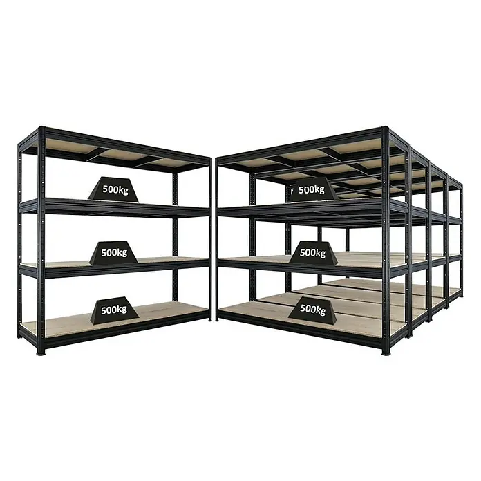 Proregal Schwerlastregal Mega Deal DINO - H x B x T: 180 x 200 x 60 cm, Traglast pro Boden: 500 kg, Anzahl Böden: 4 Stk., Stecken, Schwarz - Schwerlastregal mit vier Ebenen und Holzböden, belastbar mit 500kg pro Ebene. Das Regal ist stabil und ideal für Lager und Werkstatt.