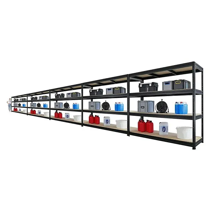 Proregal Schwerlastregal Mega Deal DINO - H x B x T: 180 x 200 x 60 cm, Traglast pro Boden: 500 kg, Anzahl Böden: 4 Stk., Stecken, Schwarz - Abbildung eines schwarzen Lagerregals mit vier Ebenen, gefüllt mit Behältern, Kanistern und anderen Lagergegenständen. Eine Frau steht daneben, um die Größe zu veranschaulichen.