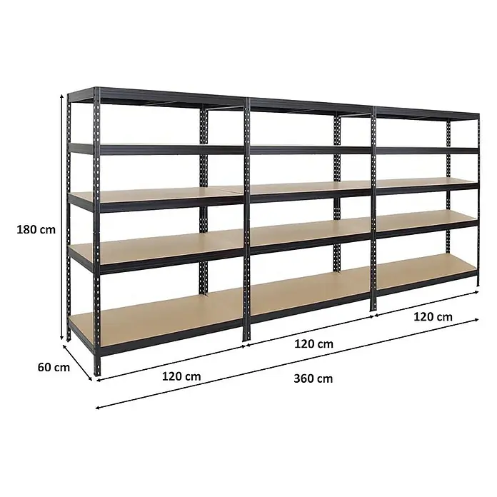 Proregal Schwerlastregal Mega Deal Rivet - Traglast pro Boden: 250 kg, Anzahl Böden: 5 Stk., Stecken, Schwarz - Produktansicht eines schwarzen Metallregals mit vier Regalebenen und den Maßen 180 x 60 x 360 cm.