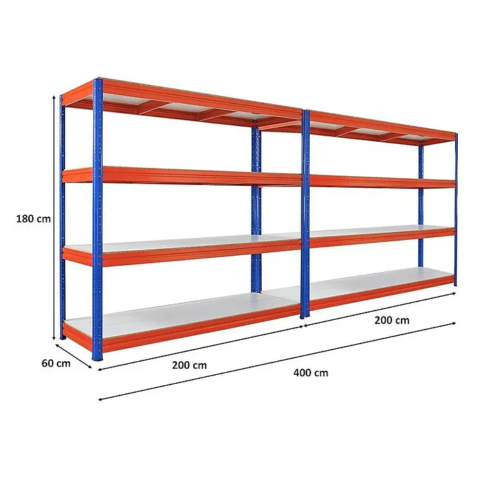 Proregal Schwerlastregal Mega Deal DINO - H x B x T: 180 x 200 x 60 cm, Traglast pro Boden: 500 kg, Anzahl Böden: 4 Stk., Stecken, Blau-Orange - Abbildung eines Regalgestells in Blau und Orange mit den Massen 180 cm Höhe, 60 cm Tiefe und 400 cm Breite.