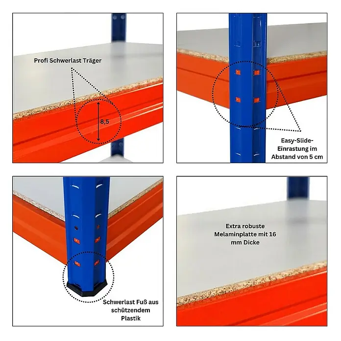 Proregal Schwerlastregal Mega Deal DINO - H x B x T: 180 x 200 x 60 cm, Traglast pro Boden: 500 kg, Anzahl Böden: 4 Stk., Stecken, Blau-Orange - Detailansichten eines Schwerlastregals mit Profi-Trägern, Easy-Slide-System, Melaminplatte und schützenden Füßen.