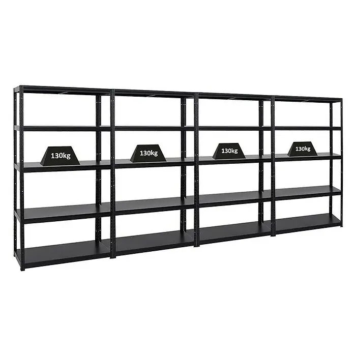 Proregal Metallregal Mega Deal Steel Eagle - Traglast pro Boden: 130 kg, Anzahl Böden: 5 Stk., Stecken, Schwarz - Schwarzes Metallregal mit vier Abschnitten, das das Gewicht von 130 kg tragen kann und ideal für Lagerung und Organisation ist.