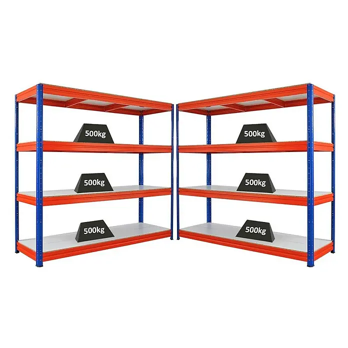Proregal Schwerlastregal Mega Deal DINO - H x B x T: 180 x 200 x 60 cm, Traglast pro Boden: 500 kg, Anzahl Böden: 4 Stk., Stecken, Blau-Orange - Das Bild zeigt zwei blaue und orangefarbene Schwerlastregale mit je vier Regalböden, die jeweils mit einem 500 kg schweren schwarzen Gewicht belastet sind.