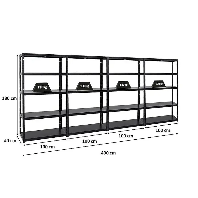 Proregal Metallregal Mega Deal Steel Eagle - Traglast pro Boden: 130 kg, Anzahl Böden: 5 Stk., Stecken, Schwarz - Abbildung eines schwarzen Schwerlastregals mit fünf Ebenen und Gewichtsangabe.