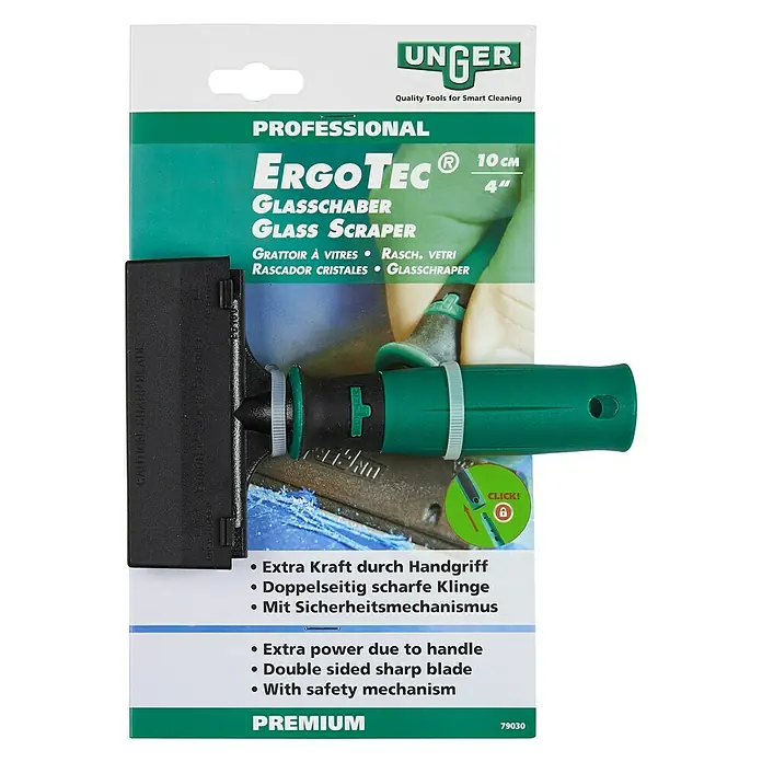 Unger ErgoTec Glasschaber - Breite: 10 cm - Bild einer ErgoTec Glasschaber-Verpackung von Unger, einem professionellen Werkzeug zum Reinigen von Glasoberflächen, mit doppelseitiger scharfer Klinge.