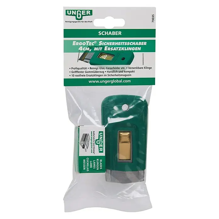 Unger ErgoTec Sicherheitsschaber - Inkl. 10 rostfreie Ersatzklingen im Sicherheitsmagazin - Unger ErgoTec Sicherheitsschaber 4cm mit Ersatzklingen in grüner Verpackung.