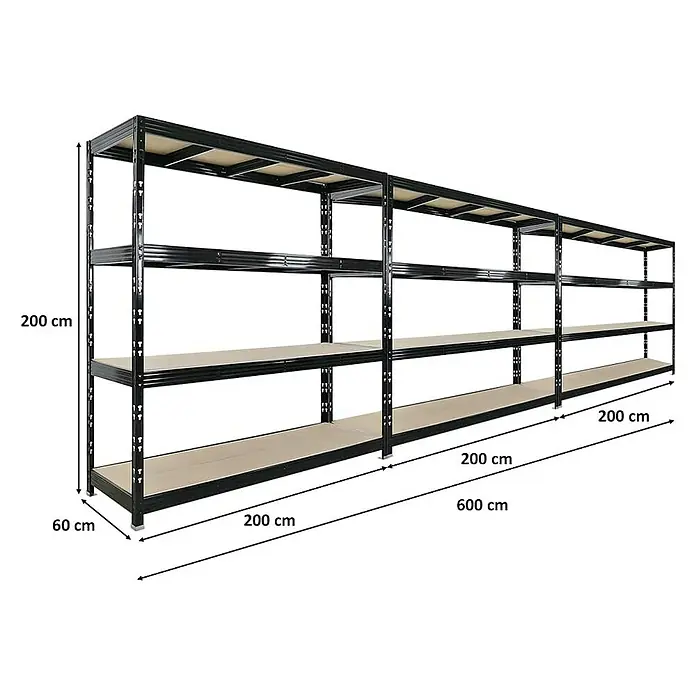 Proregal Schwerlastregal Mega Deal Profi RHINO - H x B x T: 200 x 200 x 60 cm, Traglast pro Boden: 500 kg, Anzahl Böden: 4 Stk., Stecken, Schwarz - Schwarzes Metallregal mit vier Regalebenen und Abmessungen für Höhe, Breite und Tiefe.