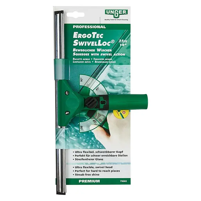 Unger Professional Fenster-Wischer ErgoTec SwivelLoc - Breite: 35 cm, Kunststoff/Gummi/Aluminium - Abbildung eines UNGER ErgoTec SwivelLoc Fensterwischers, einem professionellen Werkzeug für intelligente Reinigung.