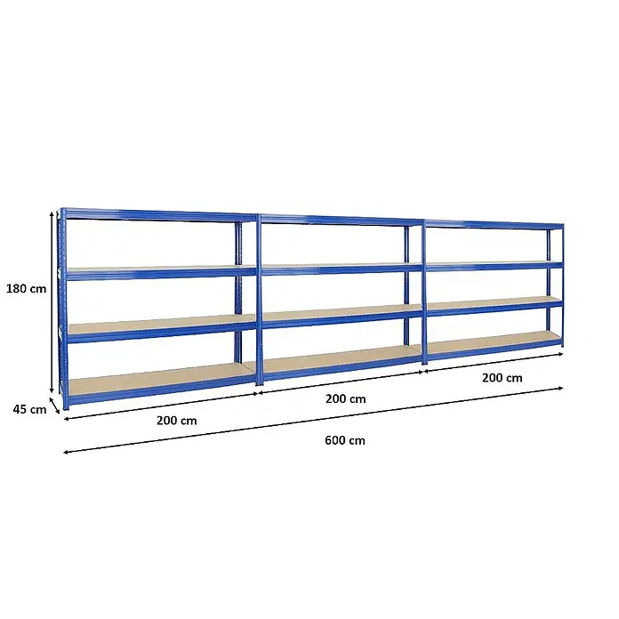 Proregal Schwerlastregal Mega Deal DINO - H x B x T: 180 x 200 x 45 cm, Traglast pro Boden: 500 kg, Anzahl Böden: 4 Stk., Stecken, Blau - Dreiteiliges, blaues Metallregal mit drei Regalböden und den Maßen 180 x 200 x 45 cm für Lagerung.