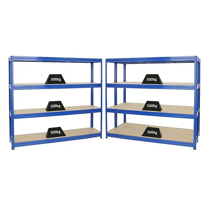 Proregal Schwerlastregal Mega Deal DINO - H x B x T: 180 x 200 x 45 cm, Traglast pro Boden: 500 kg, Anzahl Böden: 4 Stk., Stecken, Blau - Zwei blaue Schwerlastregale mit je drei Regalböden und schwarzen Gewichten von je 500 kg auf jeder Ablage zur Belastungsanzeige.