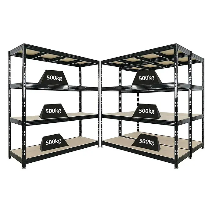 Proregal Schwerlastregal Mega Deal Profi RHINO - H x B x T: 200 x 200 x 60 cm, Traglast pro Boden: 500 kg, Anzahl Böden: 4 Stk., Stecken, Schwarz - Das Bild zeigt zwei Schwerlastregale, jedes mit vier Ebenen, die jeweils mit einem Gewicht von 500 kg belastet sind. Die Regale sind schwarz und stabil gebaut.
