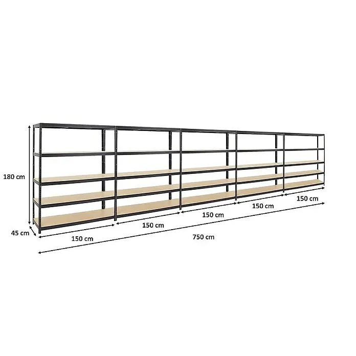 Proregal Schwerlastregal Mega Deal Giant Elephant - H x B x T: 180 x 150 x 45 cm, Traglast pro Boden: 200 kg, Anzahl Böden: 5 Stk., Stecken, Schwarz - Ansicht eines langen, schwarzen Metallregals mit Holzregalböden, das sich ideal für die Lagerung eignet.