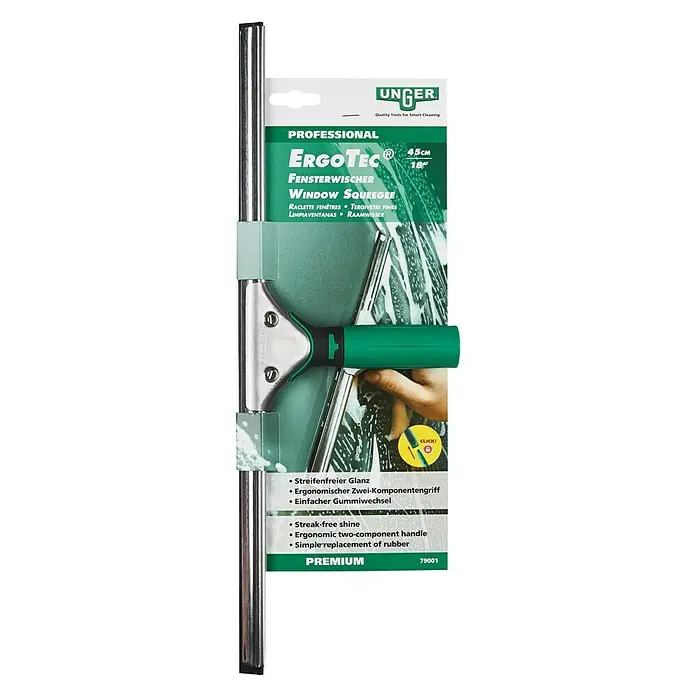 Unger Professional Fenster-Wischer ErgoTec - Breite: 45 cm, Kunststoff/Gummi/Aluminium - Abbildung eines UNGER ErgoTec Fensterwischers, professionell für streifenfreie Reinigung mit ergonomischem Griff und einfachem Gummiaustausch.