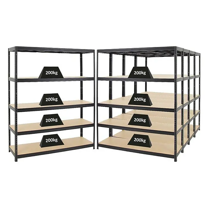 Proregal Schwerlastregal Mega Deal Giant Elephant - H x B x T: 180 x 150 x 45 cm, Traglast pro Boden: 200 kg, Anzahl Böden: 5 Stk., Stecken, Schwarz - Regale mit schwarzem Rahmen und hellen Holzregalböden, jeweils mit einer Belastung von 200 kg. Praktisch und robust für Lagerzwecke.