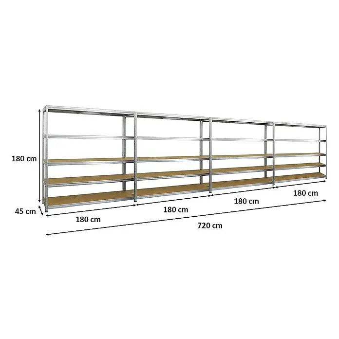 Proregal Schwerlastregal Mega Deal Giant Elephant - H x B x T: 180 x 180 x 45 cm, Traglast pro Boden: 200 kg, Anzahl Böden: 5 Stk., Stecken, Verzinkt - Ein langes, silbernes Regalsystem mit vier Ebenen aus Holz. Es besteht aus vier miteinander verbundenen Regalen und hat eine Gesamtbreite von 720 cm.