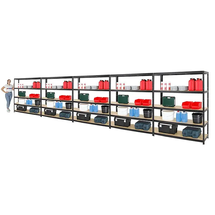 Proregal Schwerlastregal Mega Deal Giant Elephant - H x B x T: 180 x 150 x 45 cm, Traglast pro Boden: 200 kg, Anzahl Böden: 5 Stk., Stecken, Schwarz - Abbildung eines langen, schwarzen Metallregals mit mehreren Ablagen, die mit verschiedenen Behältern und Kanistern gefüllt sind.