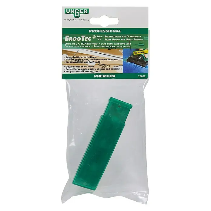 Unger Glasschaber-Klingen - Breite: 10 cm, 10 Stk. - Bild einer Packung Unger ErgoTec 4" Ersatzklingen für Glasschaber.