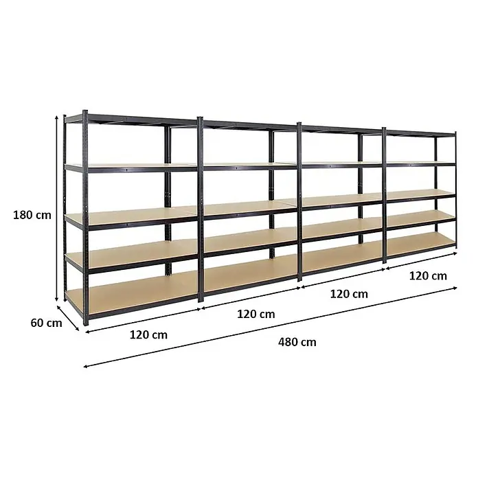 Proregal Schwerlastregal Mega Deal TAURUS 4 Stück - Traglast pro Boden: 175 kg, Anzahl Böden: 5 Stk., Stecken, Schwarz - Abbildung eines Metallregalsystems mit vier Ebenen und den Maßen 180 x 60 x 480 cm.