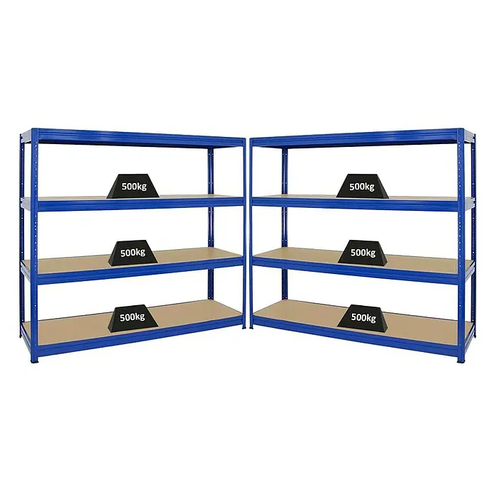 Proregal Schwerlastregal Mega Deal DINO - H x B x T: 180 x 180 x 60 cm, Traglast pro Boden: 500 kg, Anzahl Böden: 4 Stk., Stecken, Blau - Zwei blaue Metallregale mit vier Regalböden, auf denen jeweils ein 500kg schweres Gewicht liegt. Die Regale stehen nebeneinander.