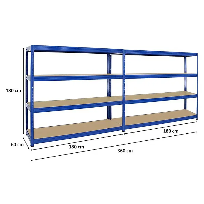 Proregal Schwerlastregal Mega Deal DINO - H x B x T: 180 x 180 x 60 cm, Traglast pro Boden: 500 kg, Anzahl Böden: 4 Stk., Stecken, Blau - Bild eines blauen Metallregals mit vier Regalböden und den Maßen 180 x 60 x 360 cm.