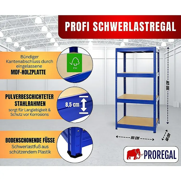 Proregal Schwerlastregal DINO - H x B x T: 180 x 90 x 60 cm, Traglast pro Boden: 600 kg, Anzahl Böden: 4 Stk., Stecken, Blau - Produktbild eines Profi Schwerlastregals mit vier Ebenen und dazugehörigen Detailinformationen zur Materialbeschaffenheit.
