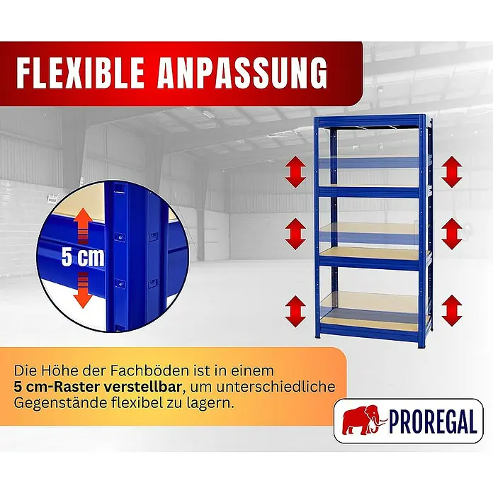 Proregal Schwerlastregal DINO - H x B x T: 180 x 90 x 60 cm, Traglast pro Boden: 600 kg, Anzahl Böden: 4 Stk., Stecken, Blau - Bild eines blauen Proregal-Lagerregals mit verstellbaren Fachböden, die Flexibilität bei der Lagerung von Gegenständen bieten.