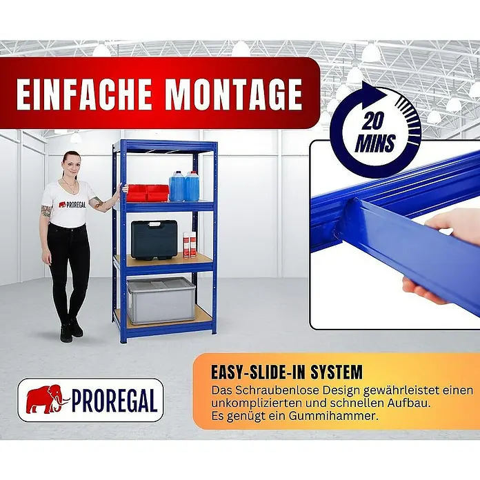 Proregal Schwerlastregal DINO - H x B x T: 180 x 90 x 60 cm, Traglast pro Boden: 600 kg, Anzahl Böden: 4 Stk., Stecken, Blau - Regal mit der Aufschrift "EINFACHE MONTAGE", mit einer Frau daneben und einer Nahaufnahme der Montage.