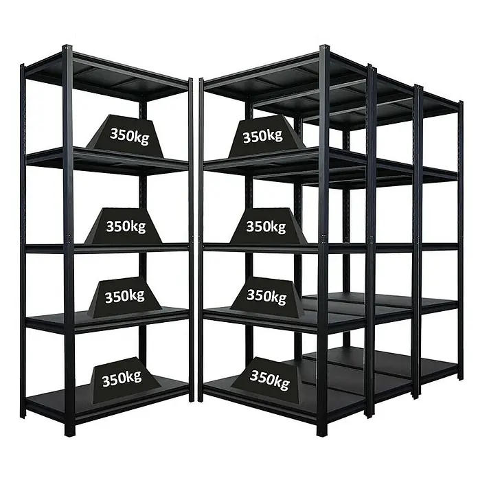 Proregal Schwerlastregal Mega Deal Thorin - Traglast pro Boden: 350 kg, Anzahl Böden: 5 Stk., Stecken, Schwarz - Schwarze Metallregale mit 5 Ebenen und einer Traglast von 350 kg pro Ebene, ideal für Lagerung und Organisation.