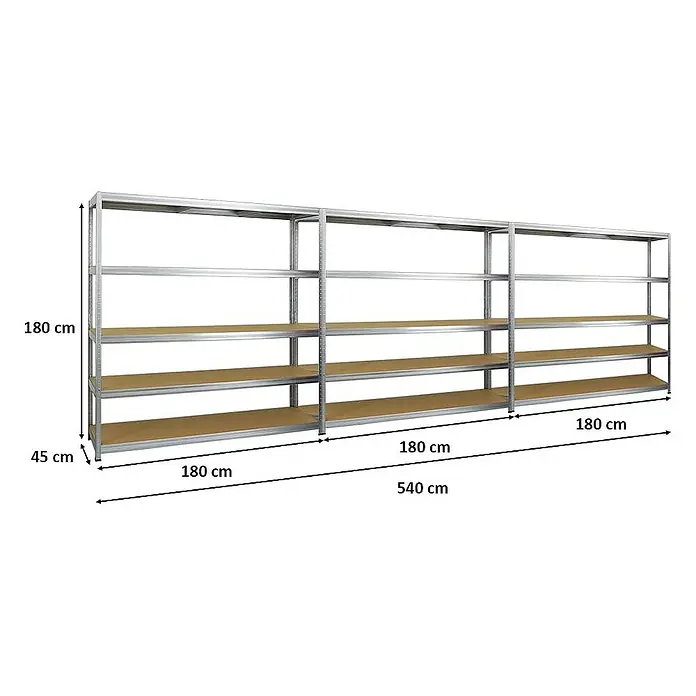 Proregal Schwerlastregal Mega Deal Giant Elephant - H x B x T: 180 x 180 x 45 cm, Traglast pro Boden: 200 kg, Anzahl Böden: 5 Stk., Stecken, Verzinkt - Das Bild zeigt ein großes Metallregal mit vier Ebenen, das sich aus drei Regaleinheiten zusammensetzt und in einem Lager oder einer Garage verwendet werden kann.