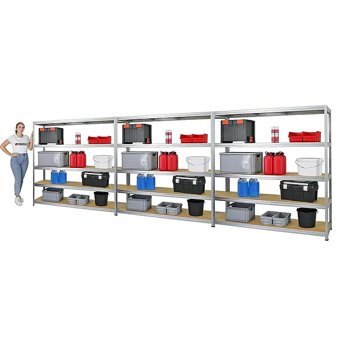 Proregal Schwerlastregal Mega Deal Giant Elephant - H x B x T: 180 x 180 x 45 cm, Traglast pro Boden: 200 kg, Anzahl Böden: 5 Stk., Stecken, Verzinkt - Abbildung eines großen, robusten Metallregals mit vier Ebenen, das mit verschiedenen Aufbewahrungsboxen und Behältern gefüllt ist.