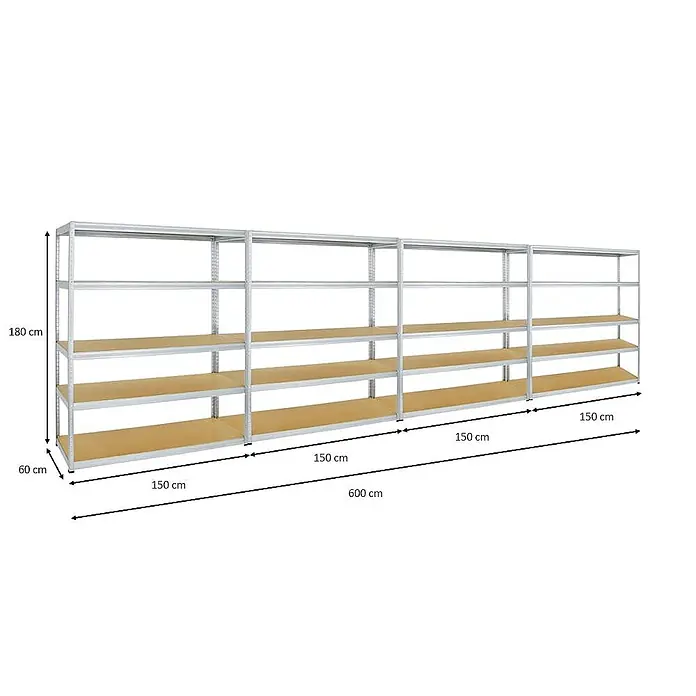 Proregal Schwerlastregal Mega Deal Giant Elephant - Traglast pro Boden: 200 kg, Anzahl Böden: 5 Stk., Stecken, Verzinkt - Regalsystem aus Metall und Holz mit den Maßen 180 cm Höhe, 60 cm Tiefe und 600 cm Länge.
